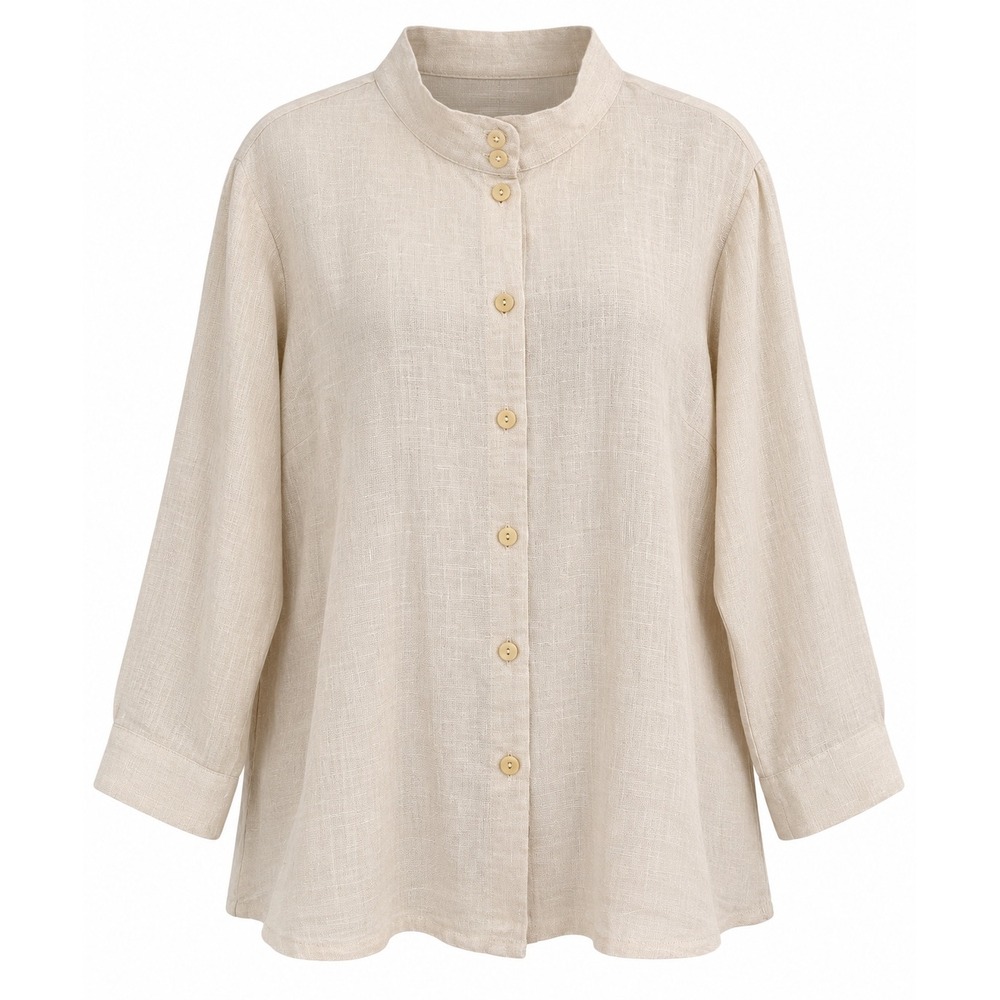 NWT FLAX Dame Blouse Pearl Meta Linen Metallic Button Down Tunic Top Beige L